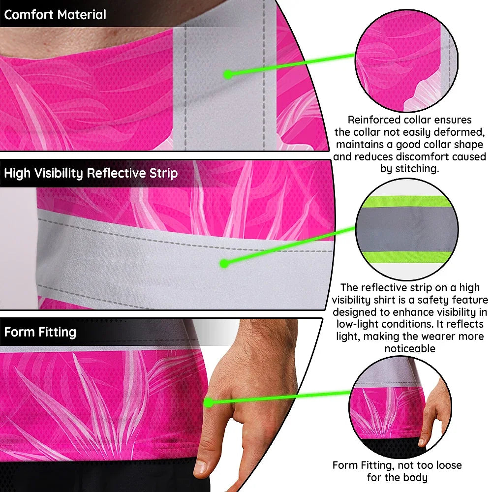 Hi Vis T Shirt Reflective Tapes Pink Neon Flowers Hawaii Custom Name Safety Workwear For Workers, Truckers, Operators