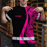 Hi Vis T Shirt Reflective Tapes Pink Neon Hawaii Custom Name Safety Workwear For Workers, Truckers, Operators
