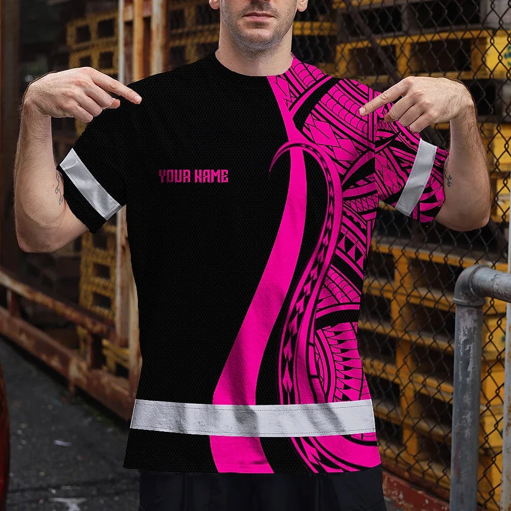 Hi Vis T Shirt Reflective Tapes Pink Neon Hawaii Custom Name Safety Workwear For Workers, Truckers, Operators