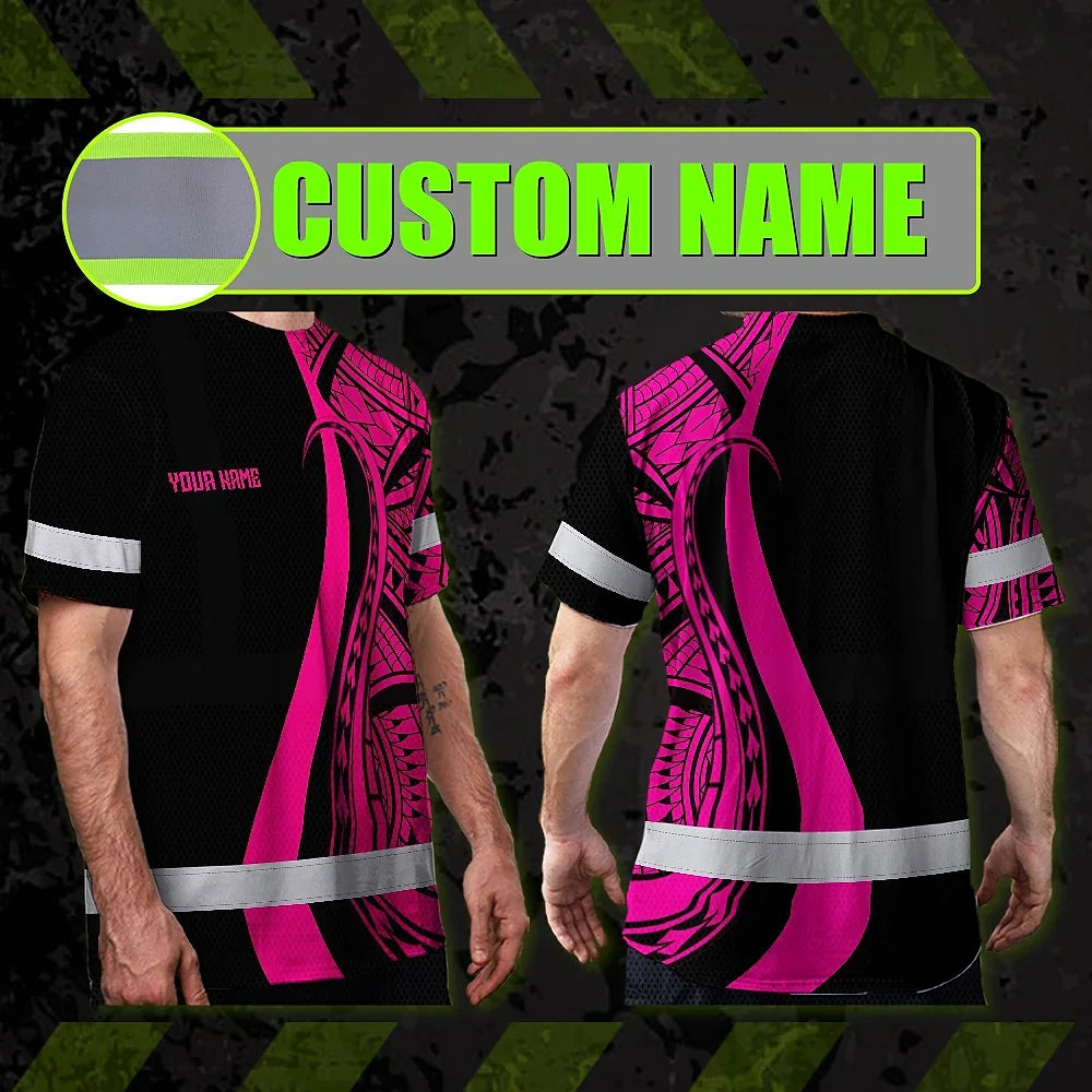 Hi Vis T Shirt Reflective Tapes Pink Neon Hawaii Custom Name Safety Workwear For Workers, Truckers, Operators