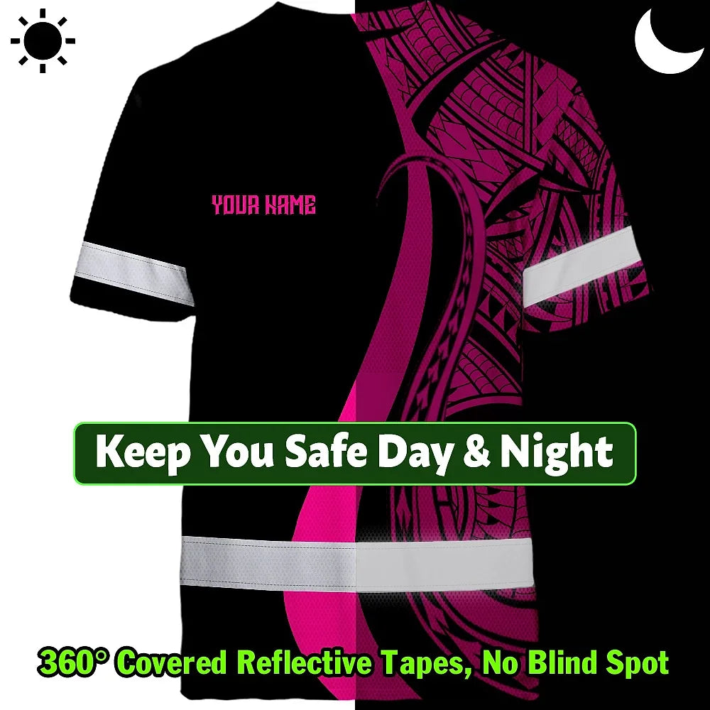 Hi Vis T Shirt Reflective Tapes Pink Neon Hawaii Custom Name Safety Workwear For Workers, Truckers, Operators