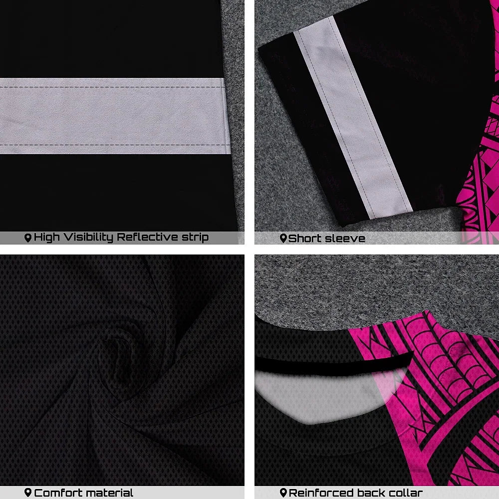 Hi Vis T Shirt Reflective Tapes Pink Neon Hawaii Custom Name Safety Workwear For Workers, Truckers, Operators
