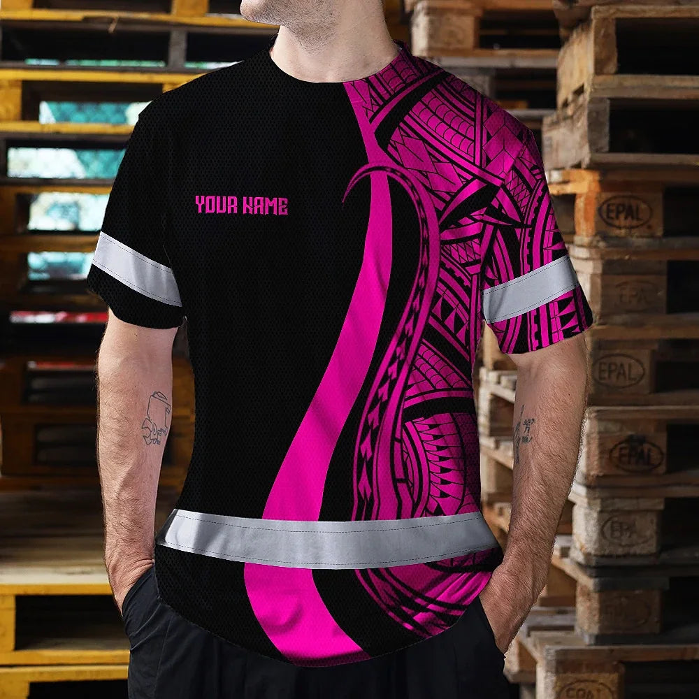 Hi Vis T Shirt Reflective Tapes Pink Neon Hawaii Custom Name Safety Workwear For Workers, Truckers, Operators