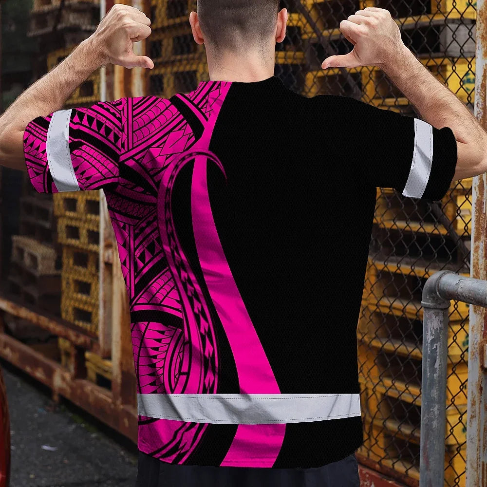 Hi Vis T Shirt Reflective Tapes Pink Neon Hawaii Custom Name Safety Workwear For Workers, Truckers, Operators