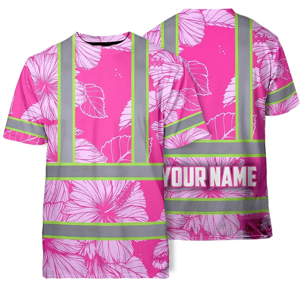Hi Vis T Shirt Reflective Tapes Pink Neon Hibiscus Custom Name Safety Workwear For Workers, Truckers, Operators