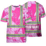 Hi Vis T Shirt Reflective Tapes Pink Neon Hibiscus Custom Name Safety Workwear For Workers, Truckers, Operators