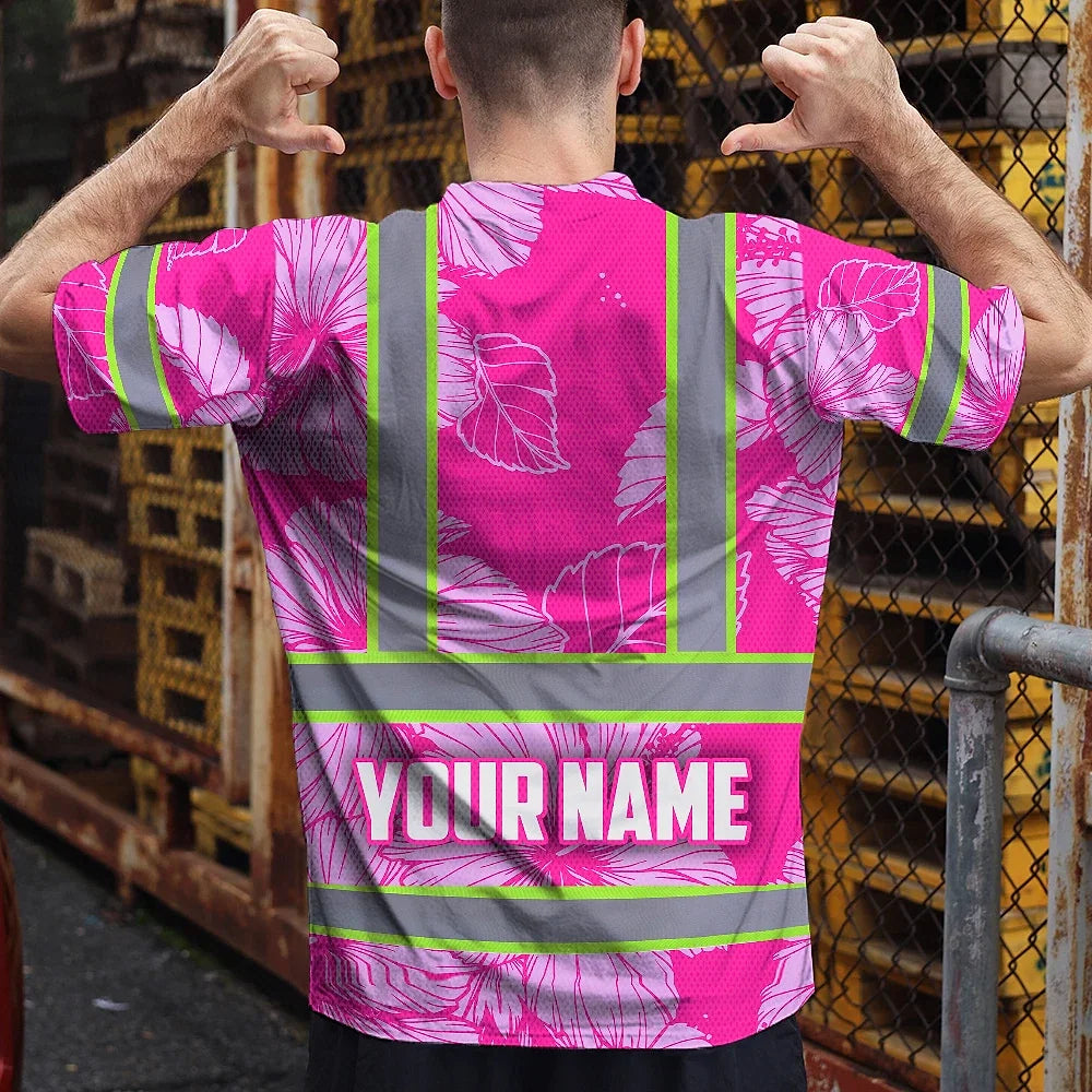 Hi Vis T Shirt Reflective Tapes Pink Neon Hibiscus Custom Name Safety Workwear For Workers, Truckers, Operators