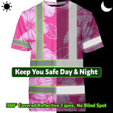 Hi Vis T Shirt Reflective Tapes Pink Neon Hibiscus Custom Name Safety Workwear For Workers, Truckers, Operators
