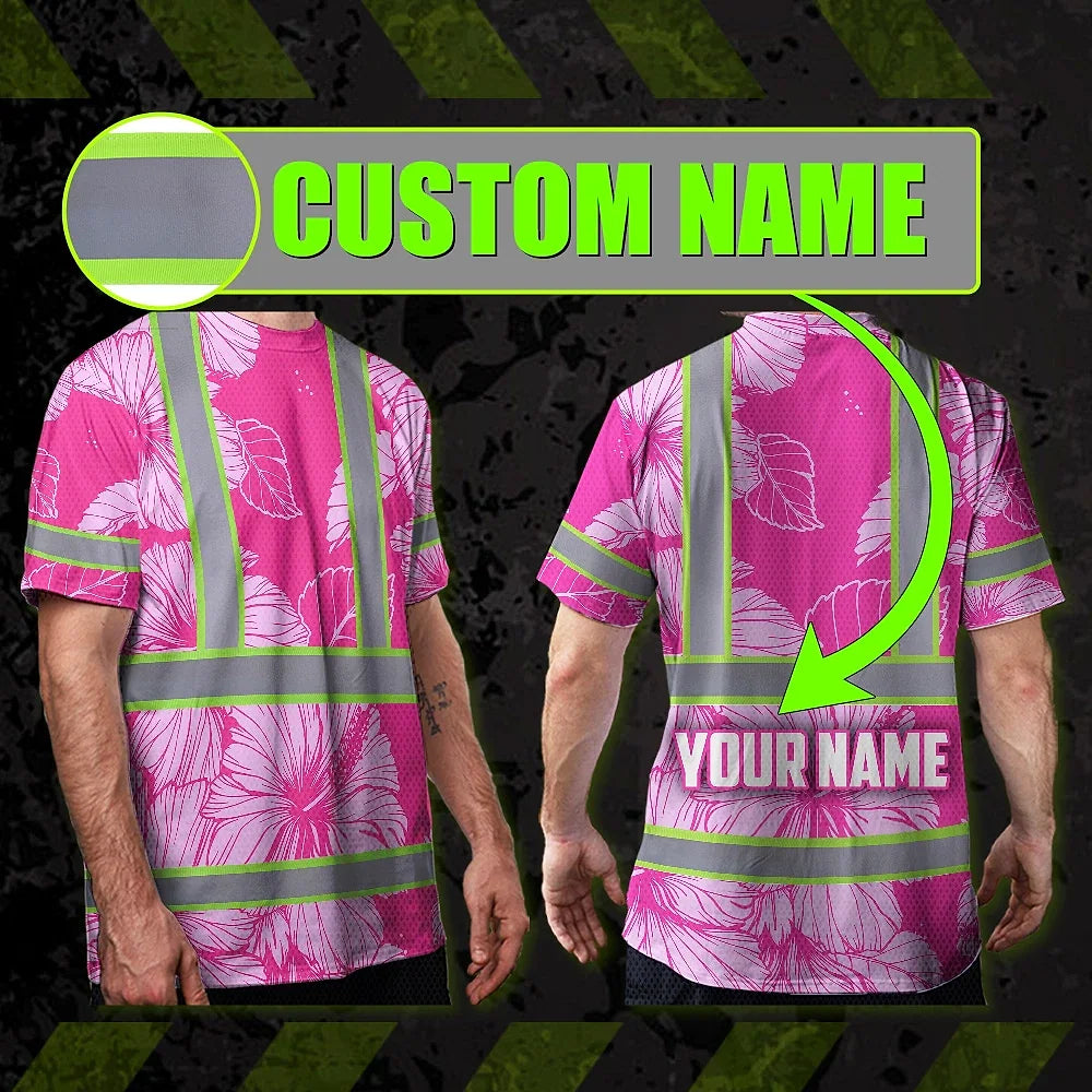 Hi Vis T Shirt Reflective Tapes Pink Neon Hibiscus Custom Name Safety Workwear For Workers, Truckers, Operators