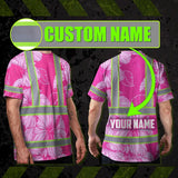 Hi Vis T Shirt Reflective Tapes Pink Neon Hibiscus Custom Name Safety Workwear For Workers, Truckers, Operators