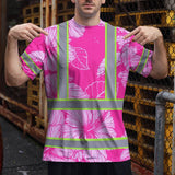 Hi Vis T Shirt Reflective Tapes Pink Neon Hibiscus Custom Name Safety Workwear For Workers, Truckers, Operators