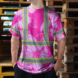 Hi Vis T Shirt Reflective Tapes Pink Neon Hibiscus Custom Name Safety Workwear For Workers, Truckers, Operators