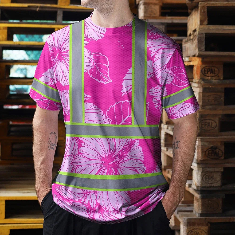 Hi Vis T Shirt Reflective Tapes Pink Neon Hibiscus Custom Name Safety Workwear For Workers, Truckers, Operators