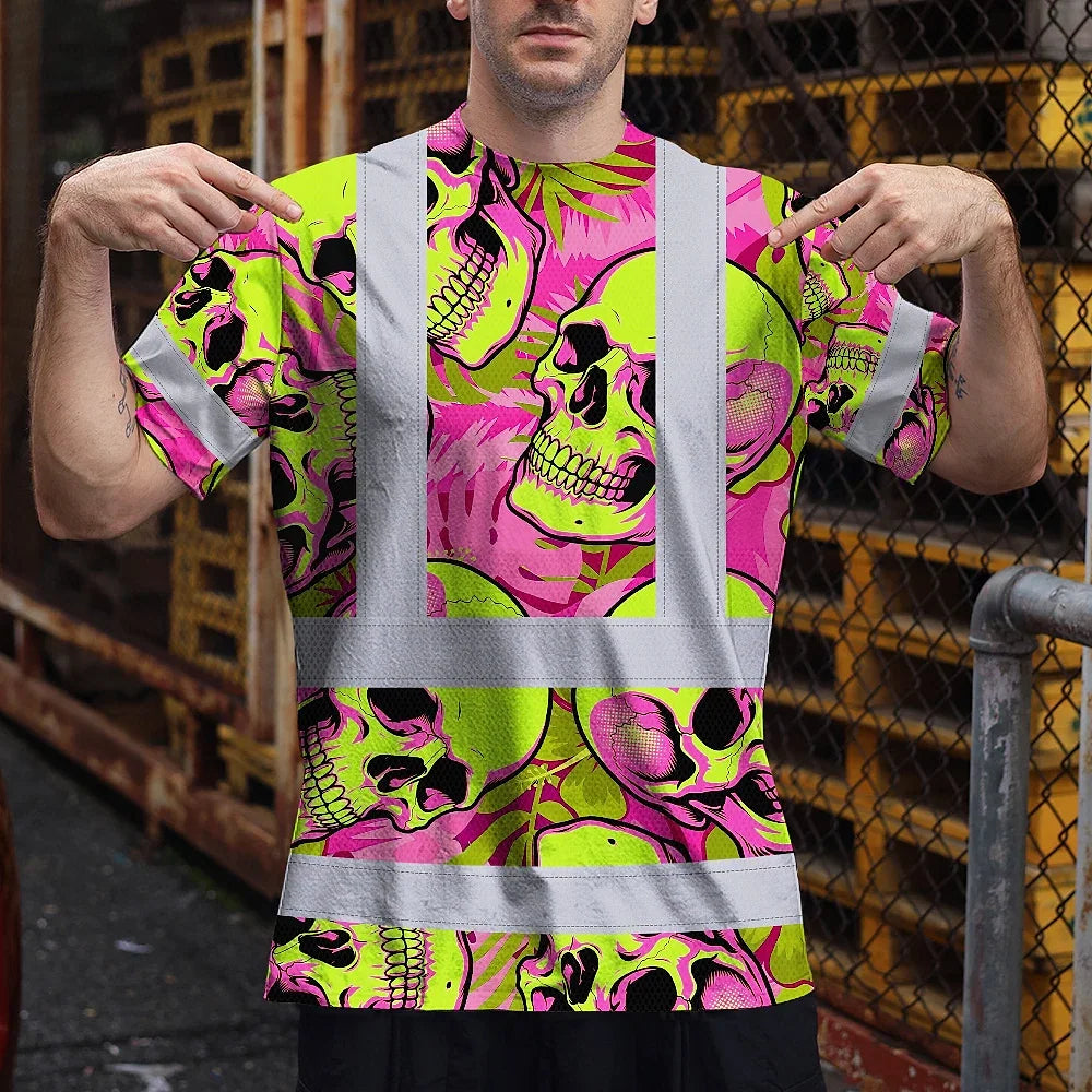 Hi Vis T Shirt Reflective Tapes Pink Neon Lime Skull Custom Name Safety Workwear For Workers, Truckers, Operators