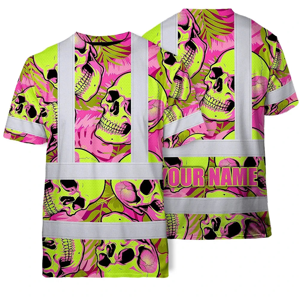 Hi Vis T Shirt Reflective Tapes Pink Neon Lime Skull Custom Name Safety Workwear For Workers, Truckers, Operators