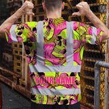 Hi Vis T Shirt Reflective Tapes Pink Neon Lime Skull Custom Name Safety Workwear For Workers, Truckers, Operators