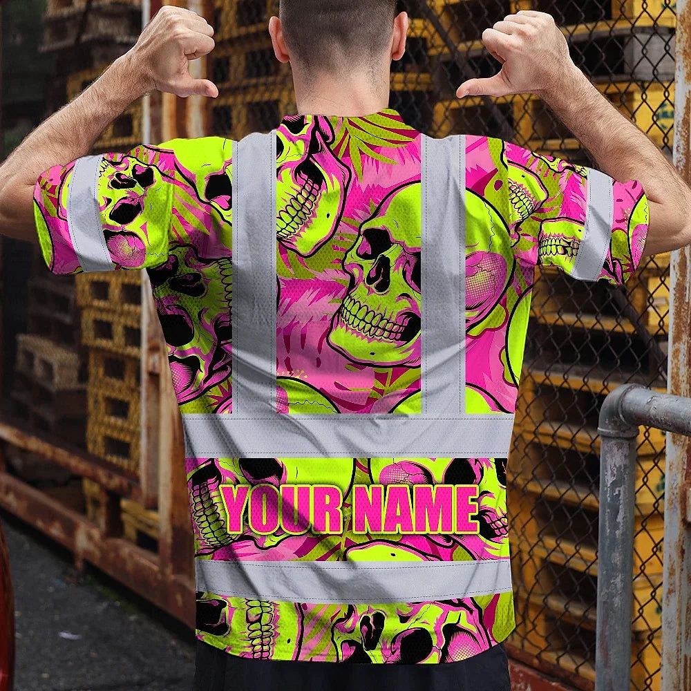 Hi Vis T Shirt Reflective Tapes Pink Neon Lime Skull Custom Name Safety Workwear For Workers, Truckers, Operators