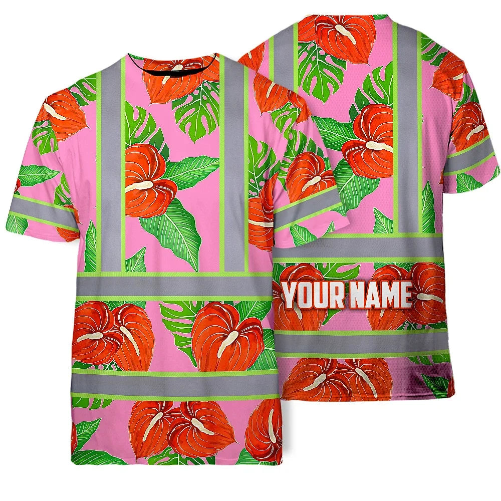 Hi Vis T Shirt Reflective Tapes Pink Neon Red Anthurium Custom Name Safety Workwear For Workers, Truckers, Operators