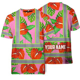 Hi Vis T Shirt Reflective Tapes Pink Neon Red Anthurium Custom Name Safety Workwear For Workers, Truckers, Operators