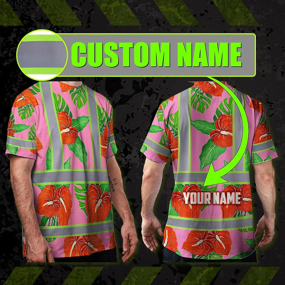 Hi Vis T Shirt Reflective Tapes Pink Neon Red Anthurium Custom Name Safety Workwear For Workers, Truckers, Operators