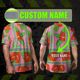 Hi Vis T Shirt Reflective Tapes Pink Neon Red Anthurium Custom Name Safety Workwear For Workers, Truckers, Operators