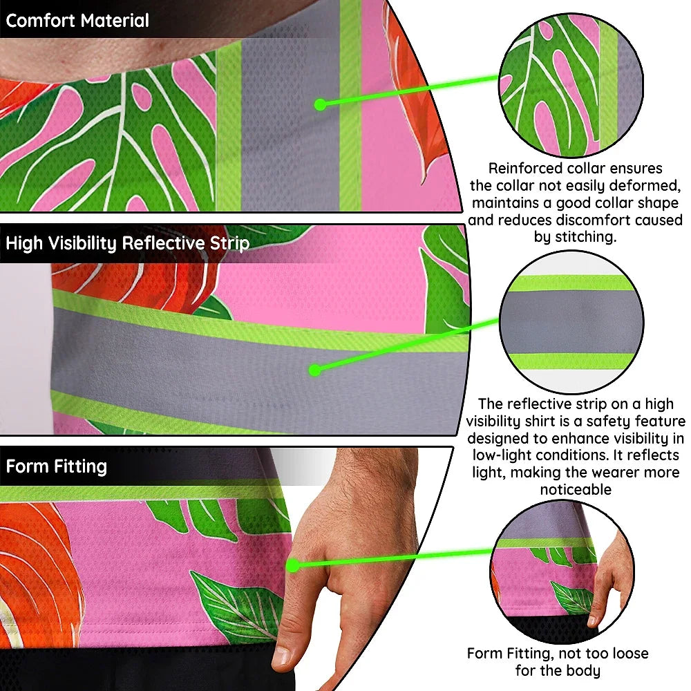 Hi Vis T Shirt Reflective Tapes Pink Neon Red Anthurium Custom Name Safety Workwear For Workers, Truckers, Operators
