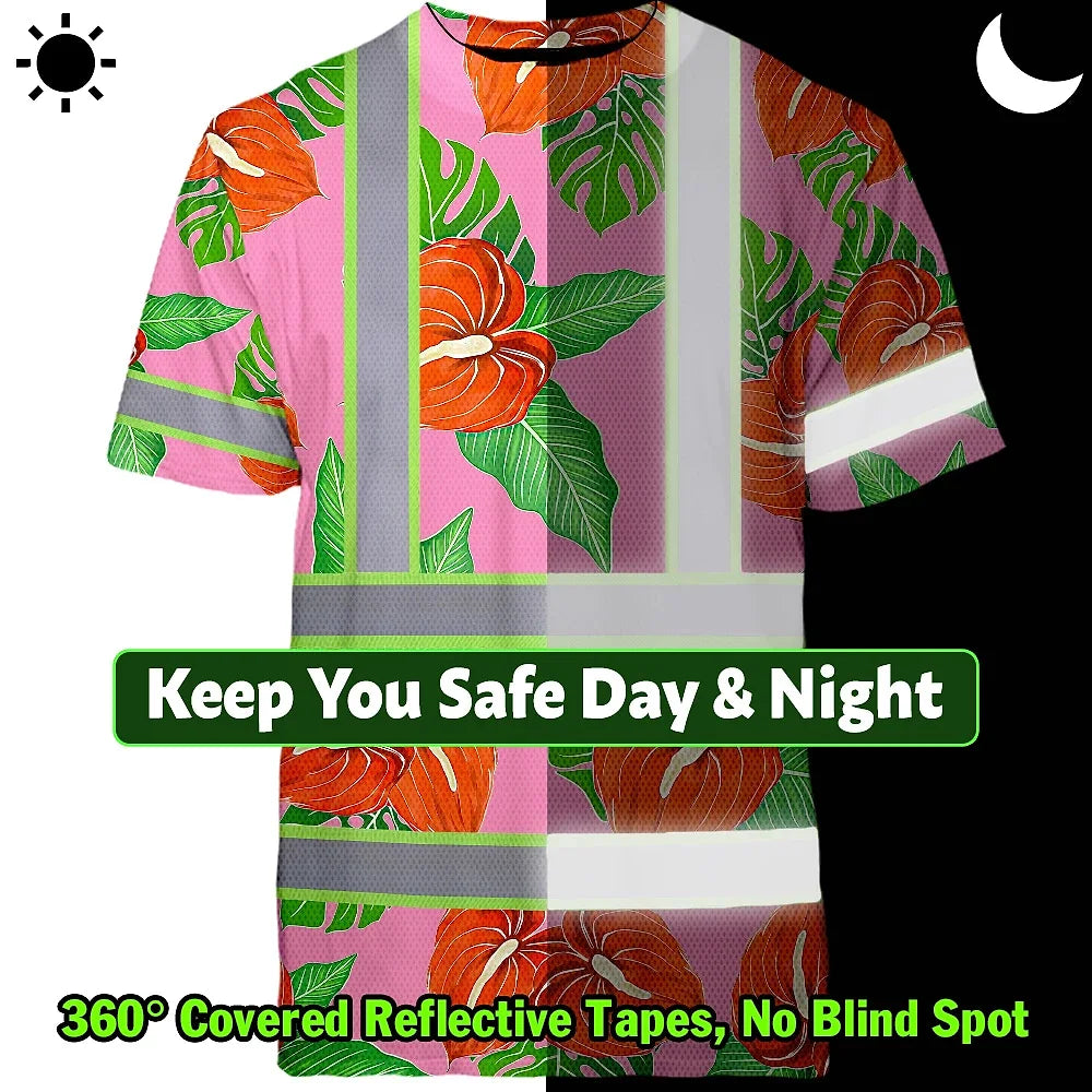 Hi Vis T Shirt Reflective Tapes Pink Neon Red Anthurium Custom Name Safety Workwear For Workers, Truckers, Operators