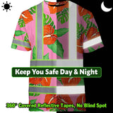 Hi Vis T Shirt Reflective Tapes Pink Neon Red Anthurium Custom Name Safety Workwear For Workers, Truckers, Operators