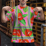 Hi Vis T Shirt Reflective Tapes Pink Neon Red Anthurium Custom Name Safety Workwear For Workers, Truckers, Operators