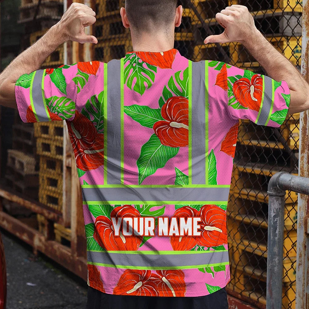 Hi Vis T Shirt Reflective Tapes Pink Neon Red Anthurium Custom Name Safety Workwear For Workers, Truckers, Operators