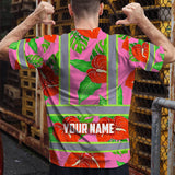 Hi Vis T Shirt Reflective Tapes Pink Neon Red Anthurium Custom Name Safety Workwear For Workers, Truckers, Operators