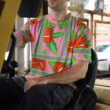 Hi Vis T Shirt Reflective Tapes Pink Neon Red Anthurium Custom Name Safety Workwear For Workers, Truckers, Operators