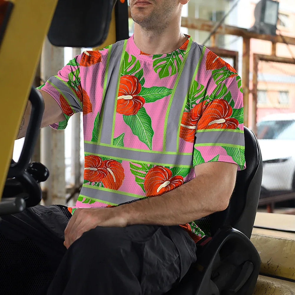 Hi Vis T Shirt Reflective Tapes Pink Neon Red Anthurium Custom Name Safety Workwear For Workers, Truckers, Operators