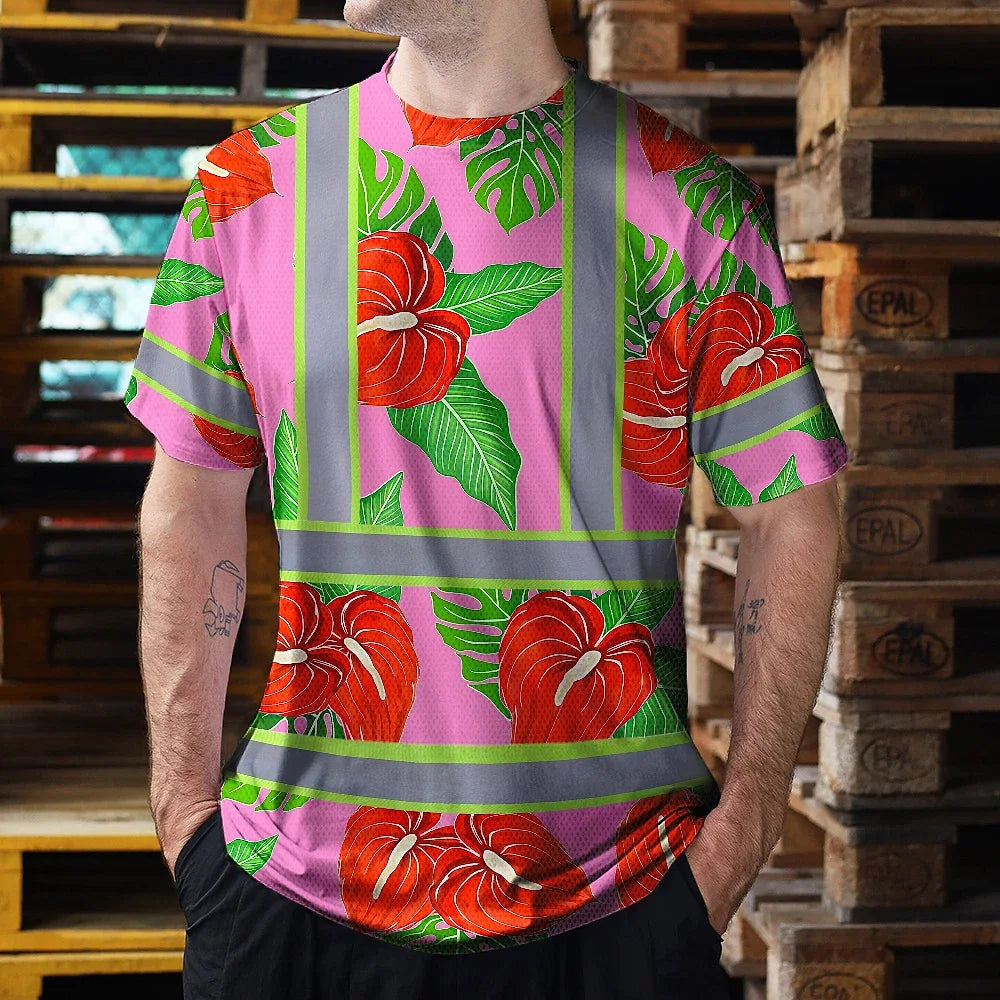 Hi Vis T Shirt Reflective Tapes Pink Neon Red Anthurium Custom Name Safety Workwear For Workers, Truckers, Operators