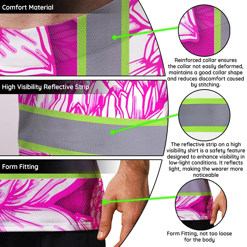 Hi Vis T Shirt Reflective Tapes Pink Neon White Protea Custom Name Safety Workwear For Workers, Truckers, Operators