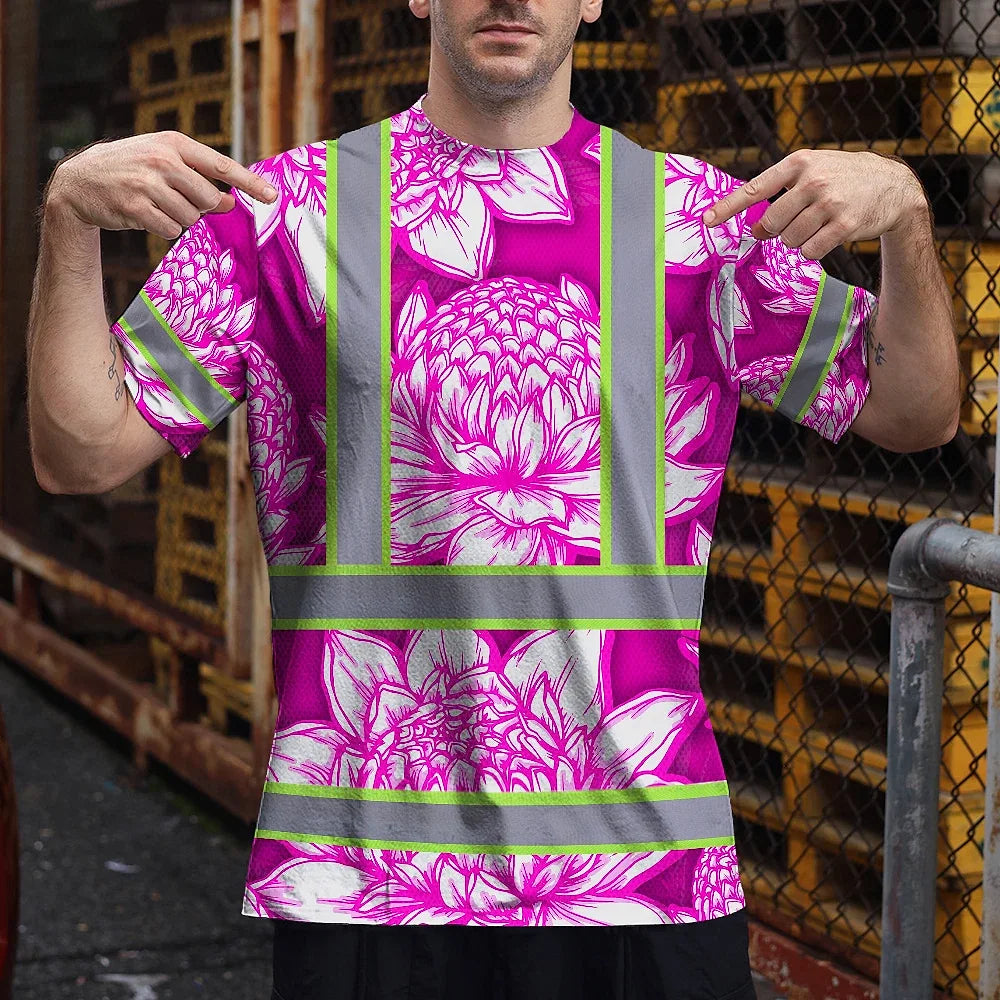 Hi Vis T Shirt Reflective Tapes Pink Neon White Protea Custom Name Safety Workwear For Workers, Truckers, Operators
