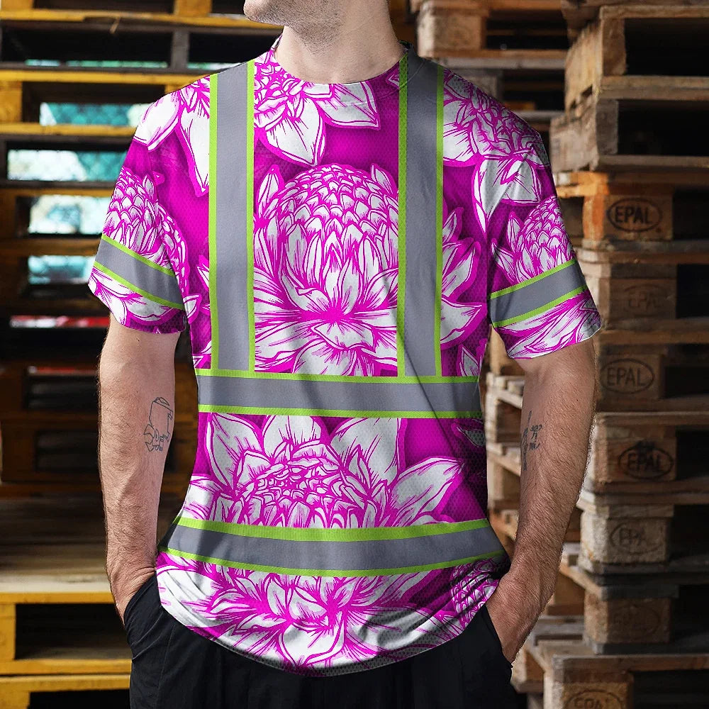 Hi Vis T Shirt Reflective Tapes Pink Neon White Protea Custom Name Safety Workwear For Workers, Truckers, Operators