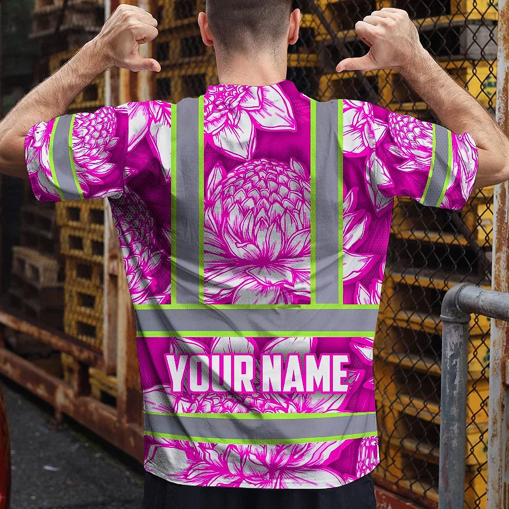 Hi Vis T Shirt Reflective Tapes Pink Neon White Protea Custom Name Safety Workwear For Workers, Truckers, Operators