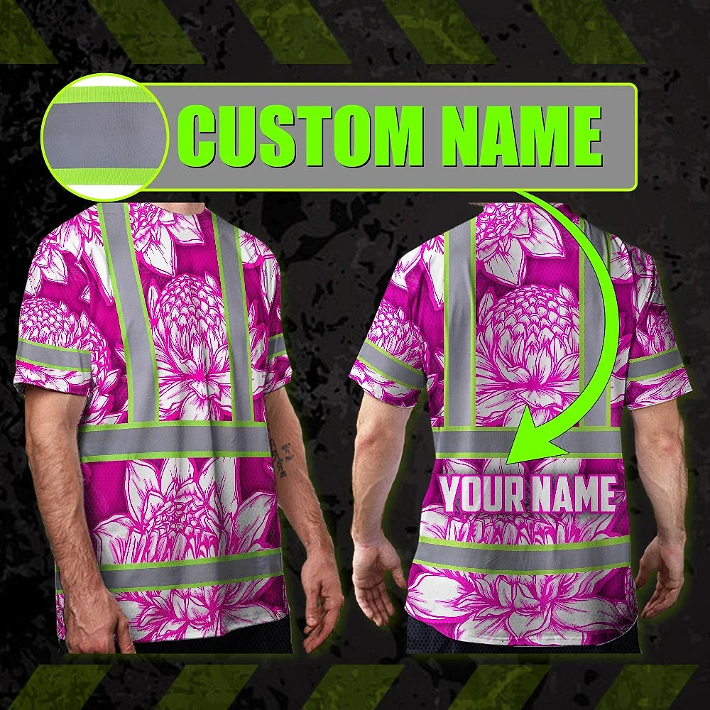 Hi Vis T Shirt Reflective Tapes Pink Neon White Protea Custom Name Safety Workwear For Workers, Truckers, Operators