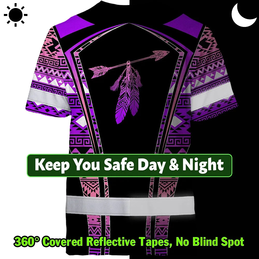 Hi Vis T Shirt Reflective Tapes Pink Violet Neon Native Custom Name Safety Workwear For Workers, Truckers, Operators