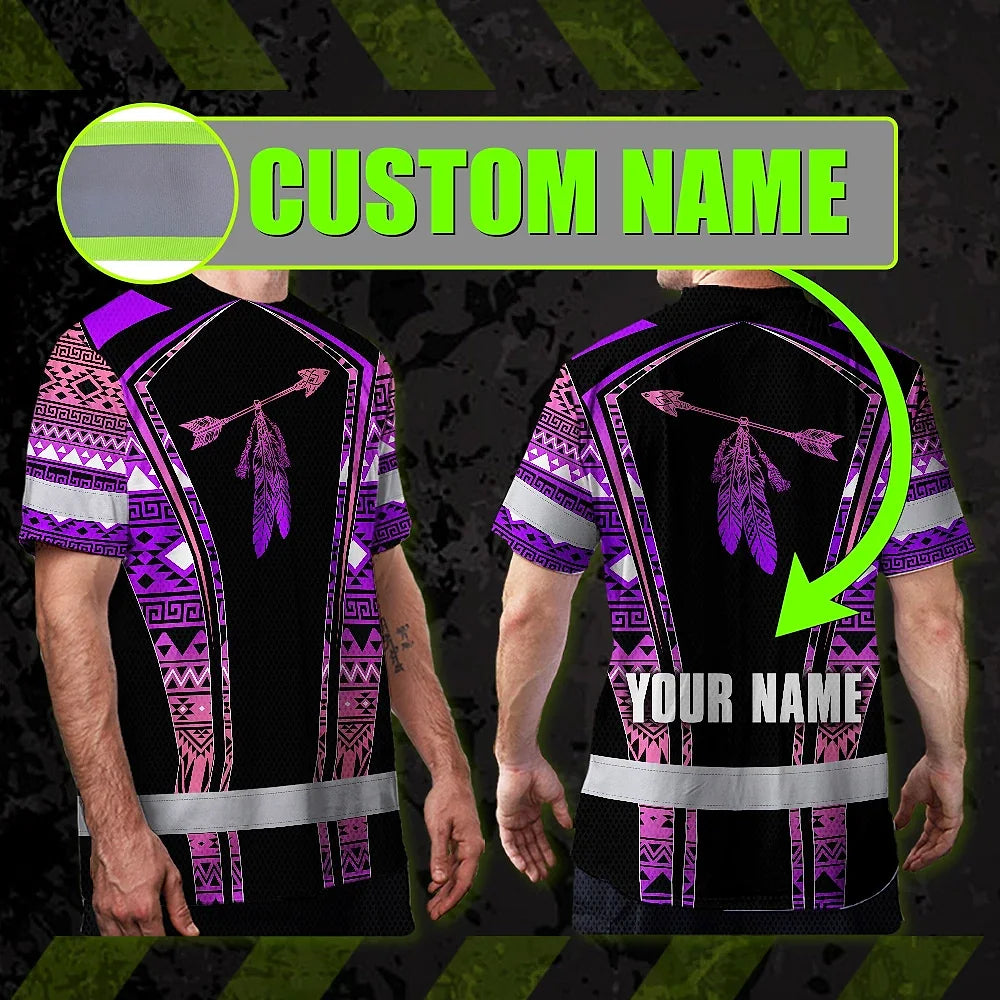 Hi Vis T Shirt Reflective Tapes Pink Violet Neon Native Custom Name Safety Workwear For Workers, Truckers, Operators