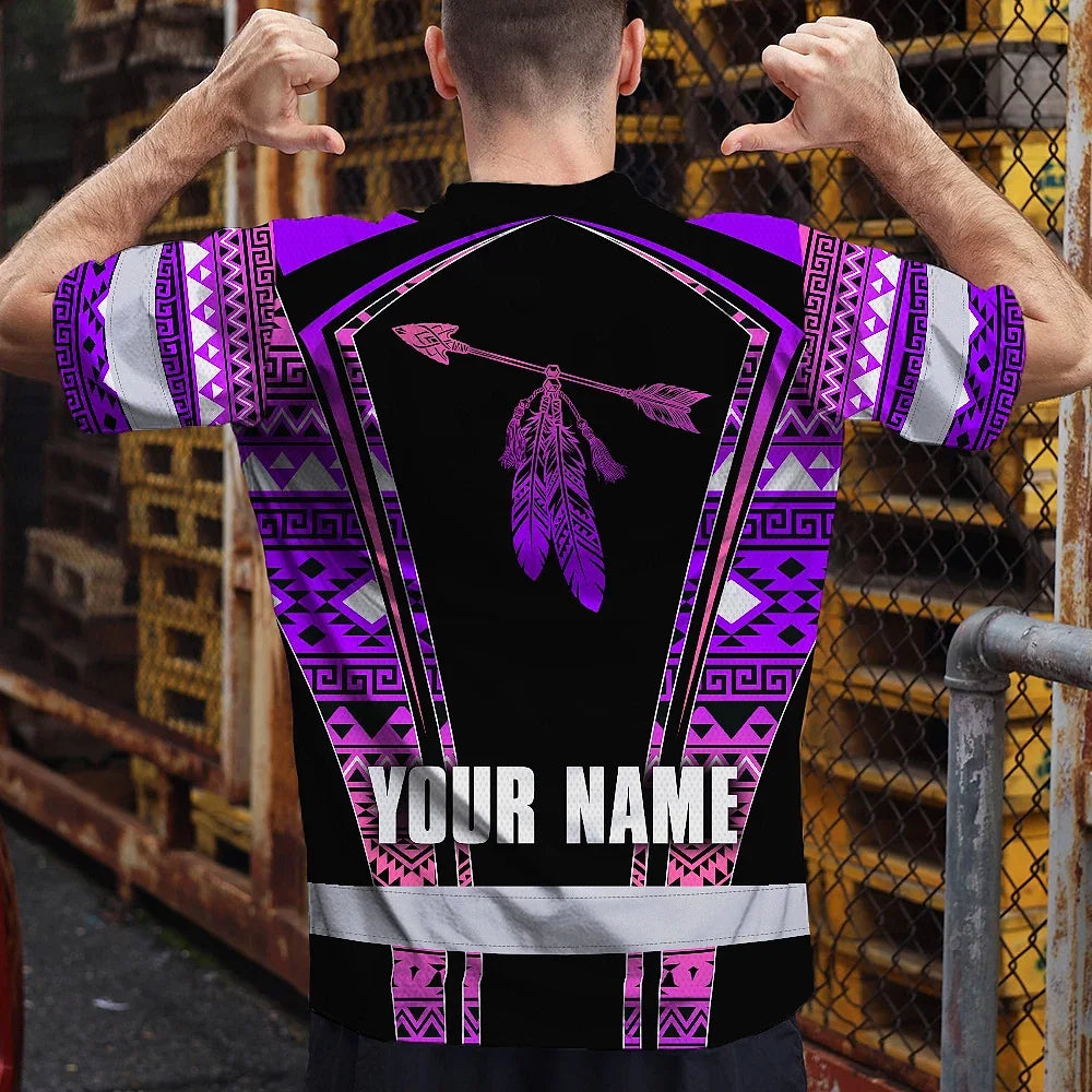Hi Vis T Shirt Reflective Tapes Pink Violet Neon Native Custom Name Safety Workwear For Workers, Truckers, Operators