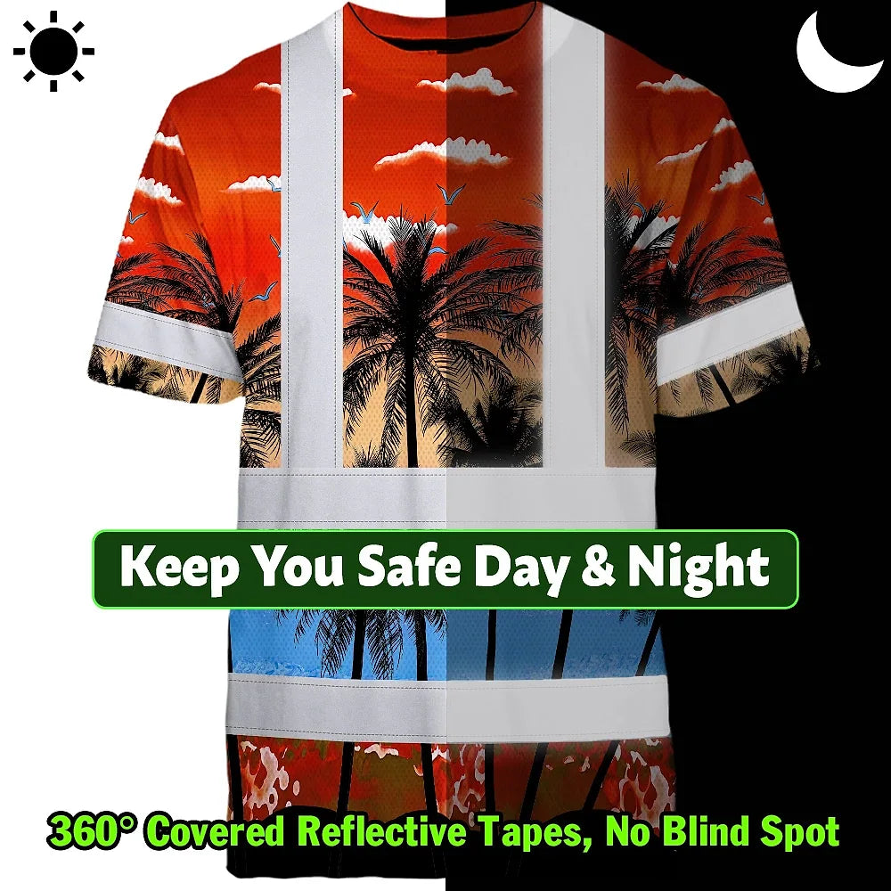Hi Vis T Shirt Reflective Tapes Red Coconut Tree Custom Name Safety Workwear For Workers, Truckers, Operators