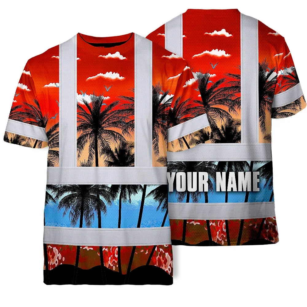 Hi Vis T Shirt Reflective Tapes Red Coconut Tree Custom Name Safety Workwear For Workers, Truckers, Operators