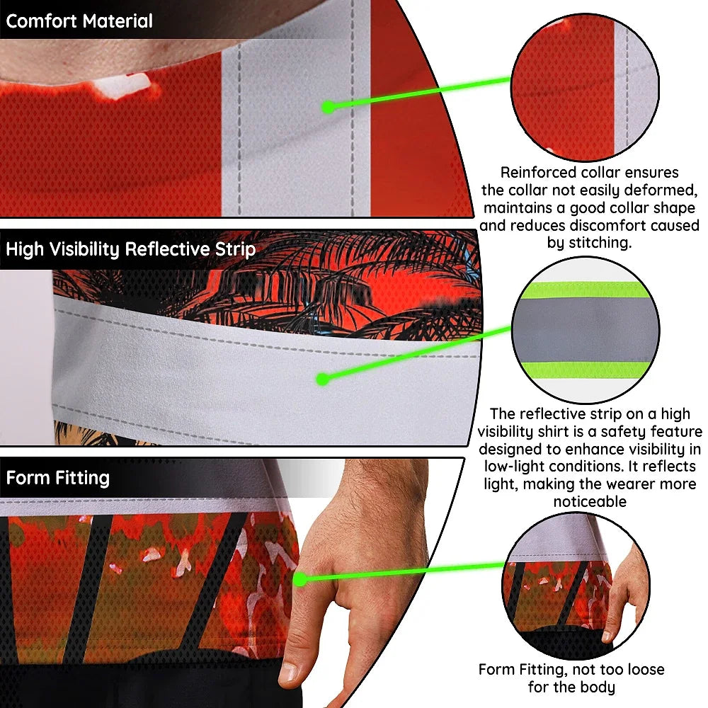 Hi Vis T Shirt Reflective Tapes Red Coconut Tree Custom Name Safety Workwear For Workers, Truckers, Operators