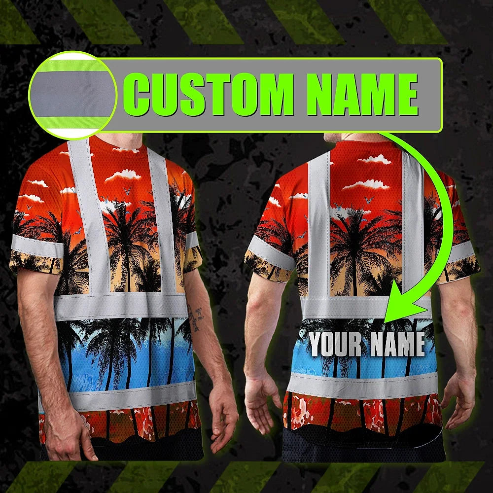 Hi Vis T Shirt Reflective Tapes Red Coconut Tree Custom Name Safety Workwear For Workers, Truckers, Operators