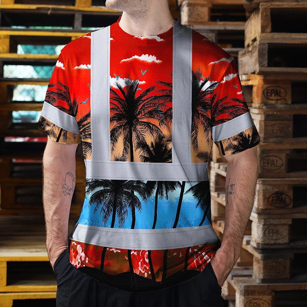 Hi Vis T Shirt Reflective Tapes Red Coconut Tree Custom Name Safety Workwear For Workers, Truckers, Operators