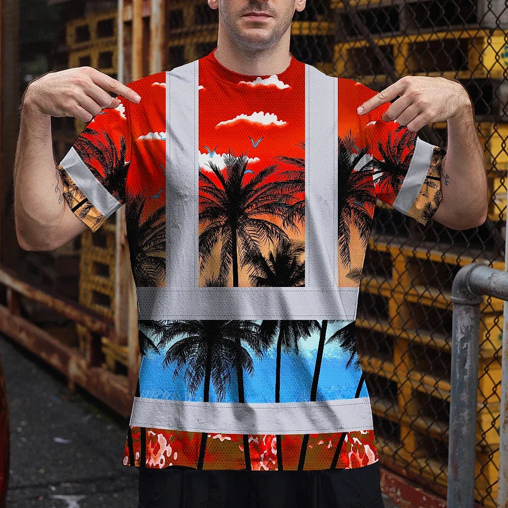 Hi Vis T Shirt Reflective Tapes Red Coconut Tree Custom Name Safety Workwear For Workers, Truckers, Operators
