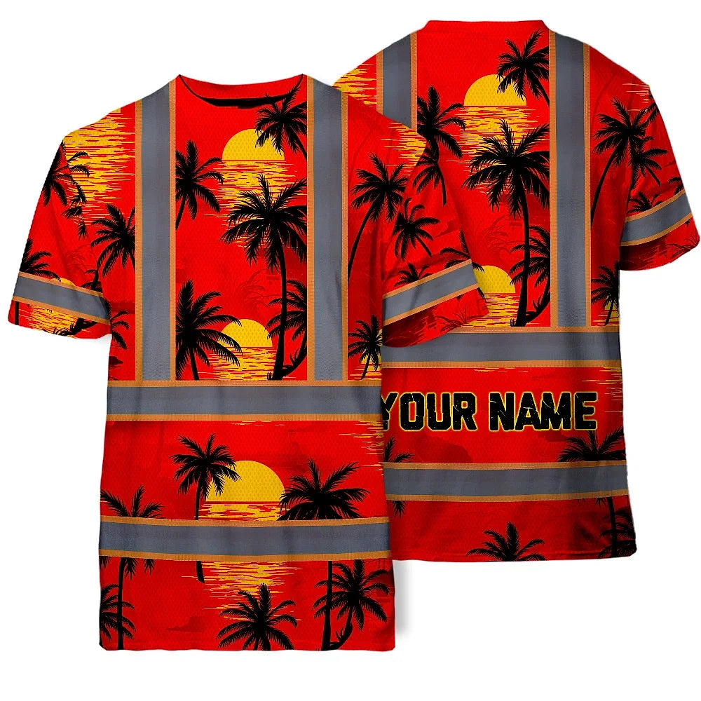 Hi Vis T Shirt Reflective Tapes Red Neon Flowers Custom Name