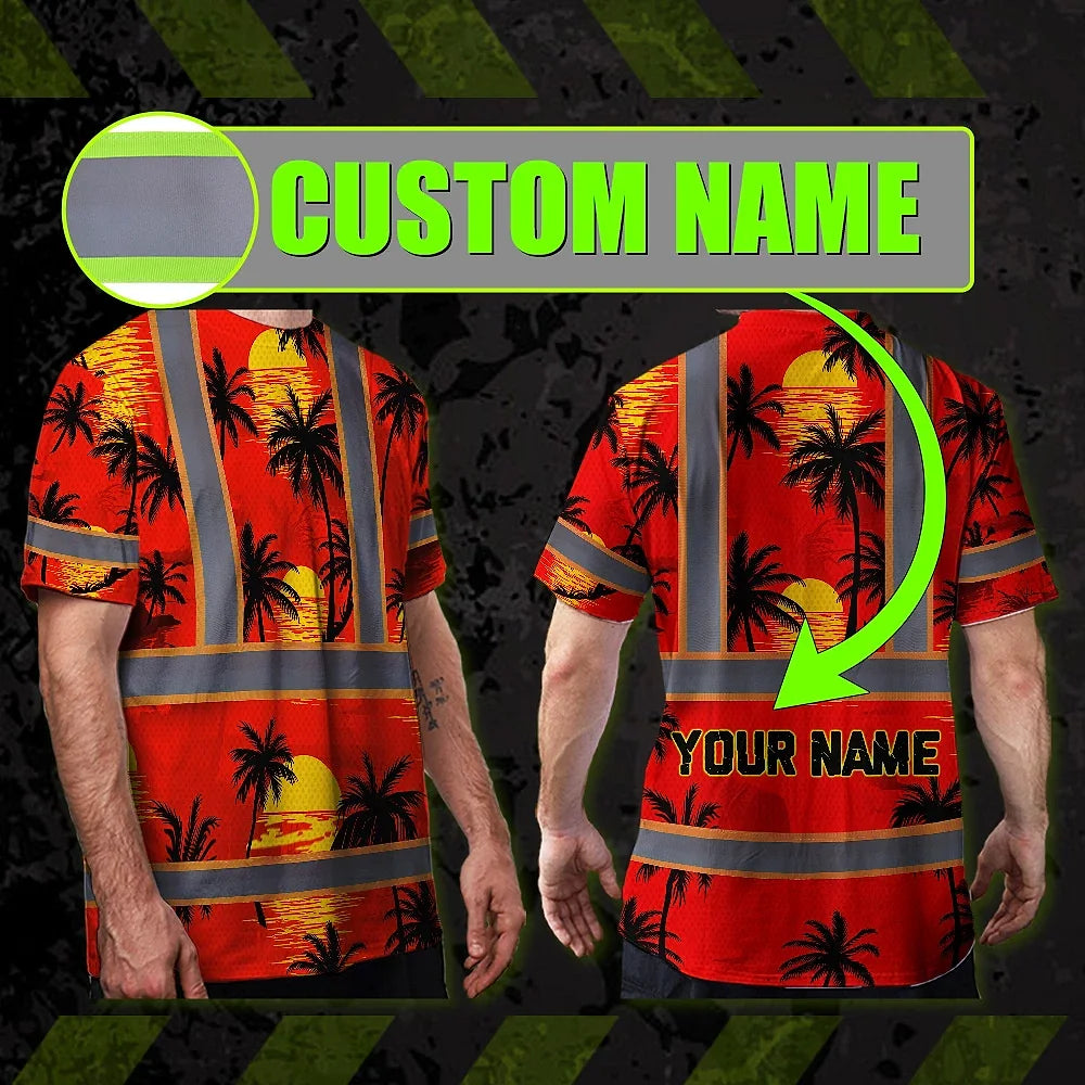 Hi Vis T Shirt Reflective Tapes Red Neon Flowers Custom Name